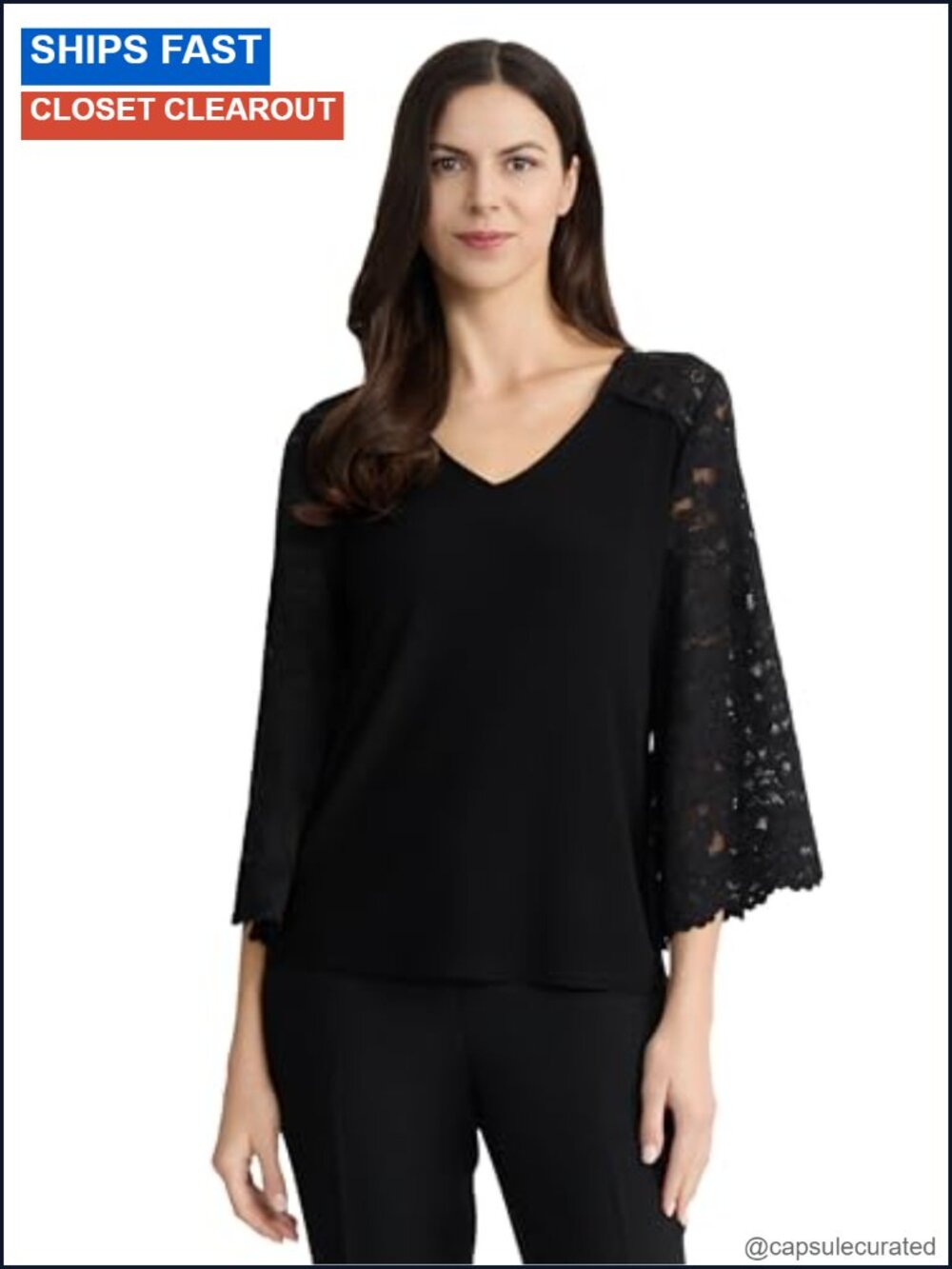 Kasper V-Neck Bell Sleeve Blouse Lace Yoke Women's Top 34 Sleeve